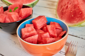 Two bowl with fresh watermelon on white table