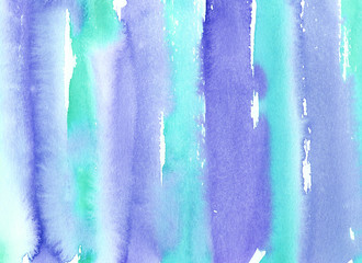 Hand painted abstract Watercolor Wet turquoise and blue stripped Background with stains. Watercolor wash.