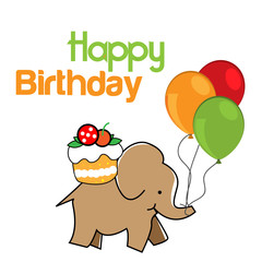 Happy birthday vector design with elephant bring cake and balloons.