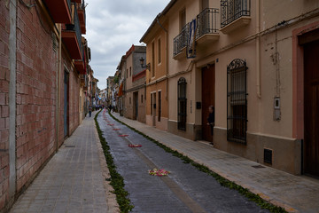 Fototapeta na wymiar one of the charming streets decorated with flowers in Catadau, Spain