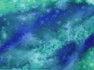 Hand painted abstract Watercolor Wet turquoise and blue Background with stains. Watercolor wash.