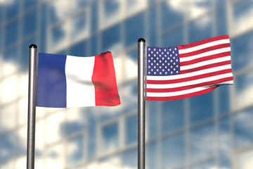 3d render of an flag of France and USA, in front of an blurry background, with a steel flagpole