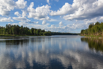 Scenic white clouds reflect in the calm blue lake is surrounded with pine forest, North Sweden
