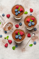 Classic tiramisu dessert with blueberries and raspberries in a glass and strainer with cocoa powder on concrete background