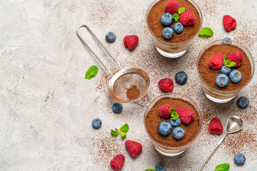 Obraz na płótnie Canvas Classic tiramisu dessert with blueberries and raspberries in a glass and strainer with cocoa powder on concrete background