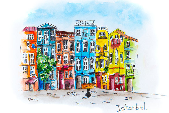 Colorful houses of Balat district, Istanbul.