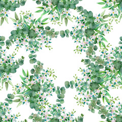 Watercolor hand painted nature pattern with green eucalyptus leaves and branches and white blooming bergamot flowers 