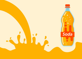 Water splash orange lemonade soda liquid.Bottle glass lemonade.Sparkling beverage fruit-flavored.Flat vector.