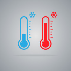 Red and blue thermometer isolated on a gray background. Sun and snowflakes icon. Vector illustration.