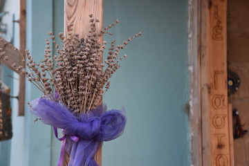 Decorative Lavender hanging on a wooden pile