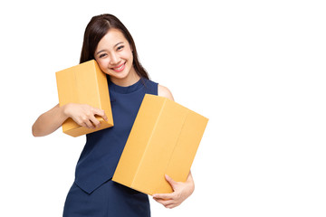 Happy Asian woman holding package parcel box on white background, Delivery courier and shipping service concept