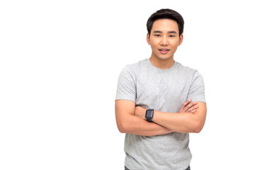 Portrait of Asian man with arms crossed and smile isolated over white background