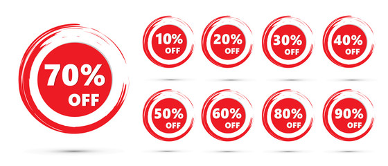 set of red sale labels. Sale tags set vector badges template, up to 10, 20, 30, 40, 50, 60, 70, 80, 90percent off.  Red price sticker vector.