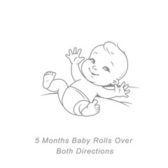Little baby of 5 month.  Physical, emotional development milestones in first year.  Cute little baby boy or girl  in diaper lay on back.. First year. Infographics  with text. Vector illustration.