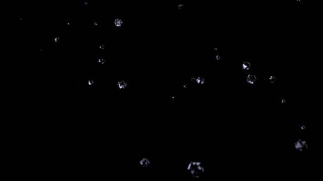 Diamonds Explosion Realistic 3d render. Crystals floating on black background collide and fly. White transparent Gem stones 