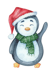 watercolor penguin in green scarf and hat. Christmas hand drawn illustration on white