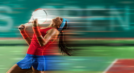 Woman tennis player celebrating winner. Motion effect