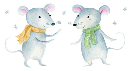 Cute cartoon christmas rat mouse. Watercolor hand drawn animal illustration. Isolated on white background.