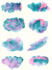 Set of bright abstract watercolor two-tone spots turquoise and pink