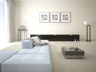 Mock up a stylish living room with a large original corner sofa and a trendy light background.