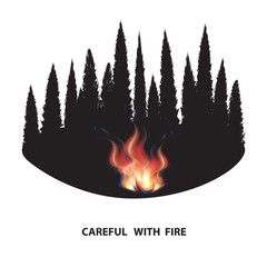 Caution with fire - bonfire and forest - isolated on white background - vector. Fiery element. Environmental Protection.