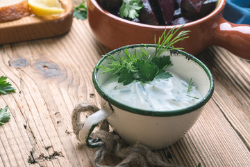 Yogurt dip with parsley, roasted beets, vegan plant based meal