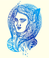 Monster girl. Young elf magic woman with long ears and two color plit hair blown by the wind. Alchemy, tattoo art, t-shirt design, adult coloring book page. Isolated vector.