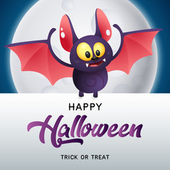 Happy Halloween, Trick or Treat lettering with bat and moon
