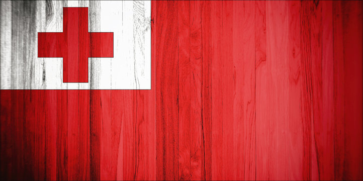 Flag of Tonga, Civil and state flag, Pacific Island State, wooden background.