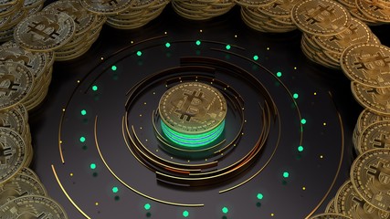Bitcoin cryptocurrency symbol on dark background. Finance and busines