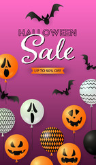 Halloween Sale lettering, pumpkin balloons and bats
