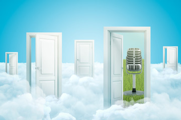3d rendering of five doors standing on fluffy clouds, one door leading to green lawn with huge microphone on it.