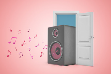 3d rendering of huge music column speaker occupying whole doorway and emitting lots of pink notes on pink copy space background.