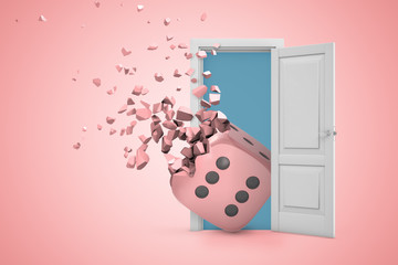 3d rendering of white open doorway with casino dice shattering into pieces on light pink background