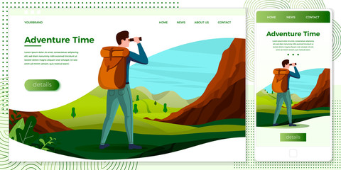 Vector cross platform illustration set, browser and mobile phone - man hiking with backpack. Park, forest, trees and hills on background. Banner, site, poster template with place for your text.