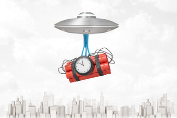 3d rendering of light-grey UFO flying above modern city, with big red dynamite bundle with time bomb hanging down on blue sticky slime below UFO.