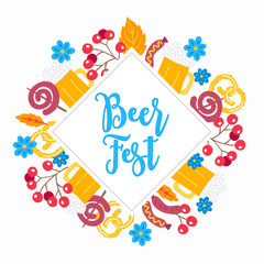 Oktoberfest greeting card with beer, berry, sausage, pretzel, flower, leaves