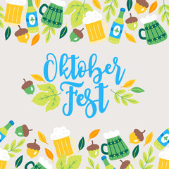 Oktoberfest greeting card with seamless border - beer, mug, acorn, leaves