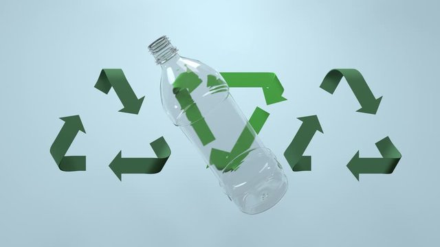 Rotating plastic bottle in front of moving recycling signs. 3d CGI animation. Environment awareness and ecology, 3d rendering.