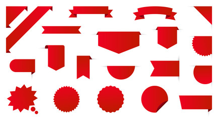 Label collection set. Sale tags. Discount red ribbons, banners and icons. Shopping Tags. Sale icons. Red isolated on white background, vector illustration.