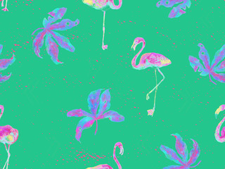 Large flamingo green hawaiian seamless pattern.