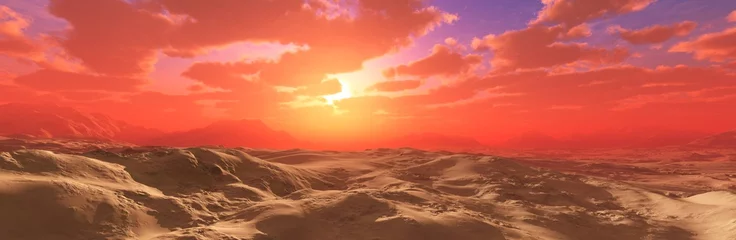 Zelfklevend Fotobehang Woestijn bij zonsondergang, de zon in de wolken boven de woestijn, 3D-rendering © ustas