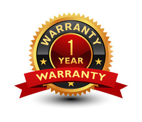 High quality golden red 1 year warranty majestic badge, sign, seal, sign, stamp with red ribbon on top isolated on white background.