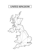 Polygonal abstract map of United Kingdom with connected triangular shapes formed from lines. Location point of London. Good poster for wall in your home. Decoration for room walls.