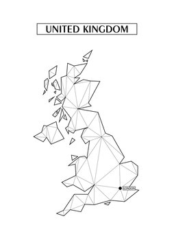 Polygonal abstract map of United Kingdom with connected triangular shapes formed from lines. Location point of London. Good poster for wall in your home. Decoration for room walls.