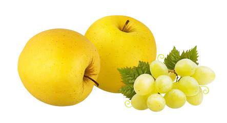 Fresh yellow apples and grapes isolated on white background with clipping path