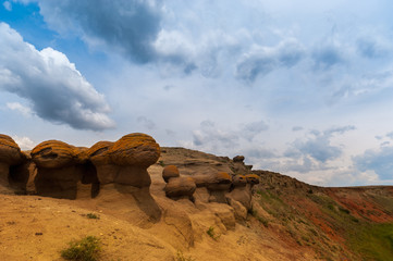 Tourist places of Russia. Beautiful landscapes of the world. Limestone pits against the bright sky and clouds
