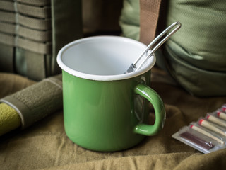 Modern outdoor survival kit in green tones