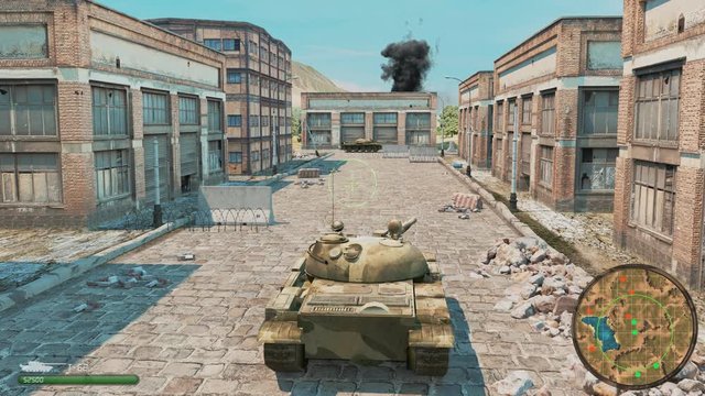 Tank Battles Video Game Imitation. Tanks War 3d Game With Interface. The Tank Goes To Ruined Place And Fights With The Enemy. Online game