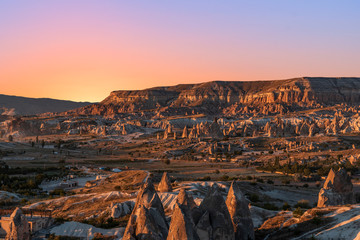 Cappadocia, Turkey, beautiful landscape at the sunset. The panoramic view at the Rose Valley.